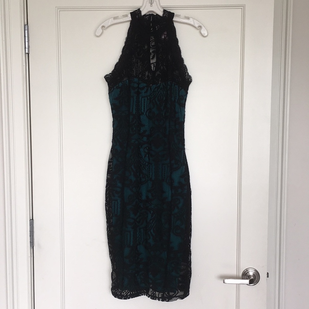 Lipsy London blue green w black lace dress sz 6